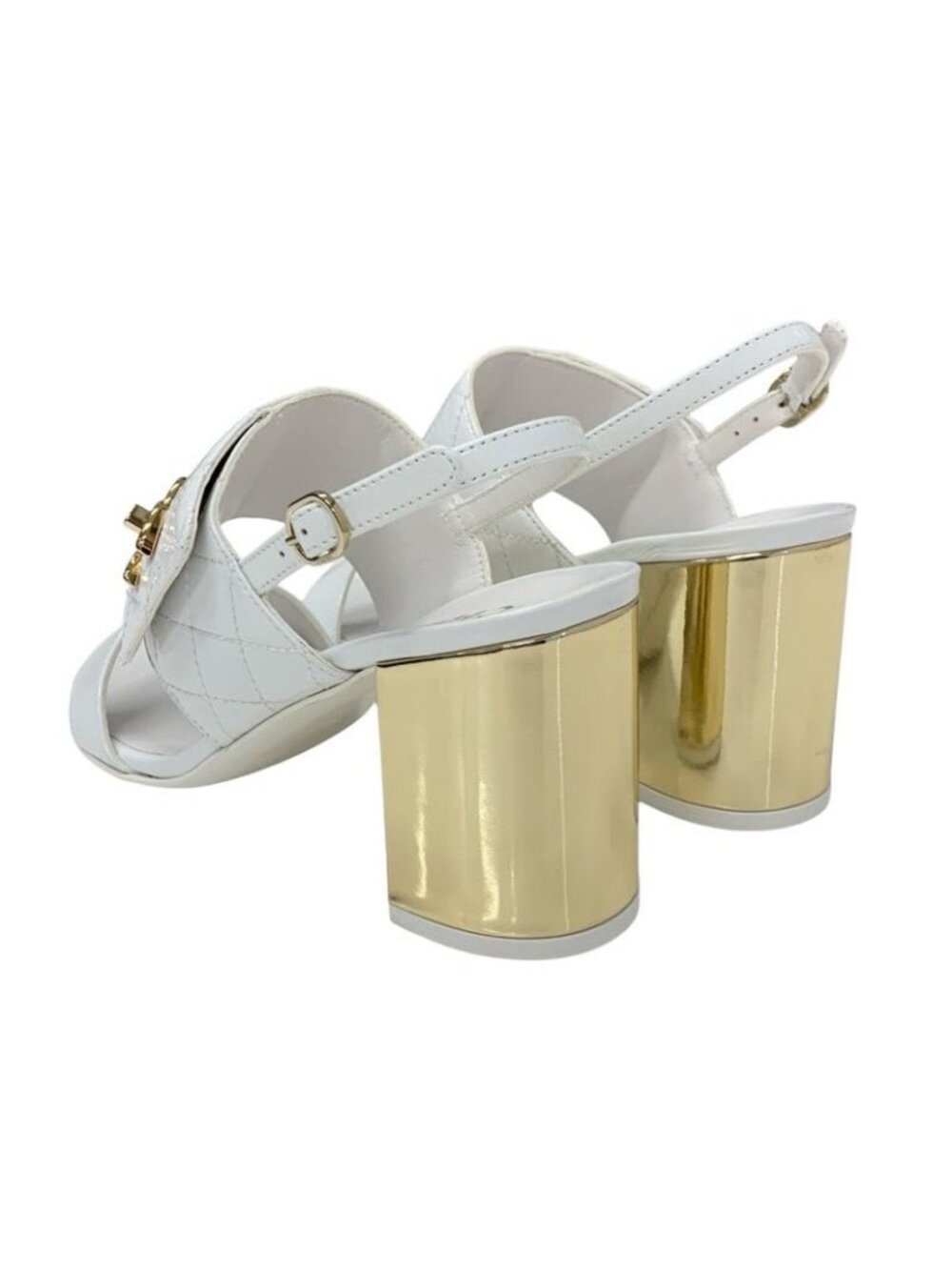 Chanel Sandals Shoes Patent White Gold Quilted Coco Mark Turnlock Strap - Picture 4 of 9